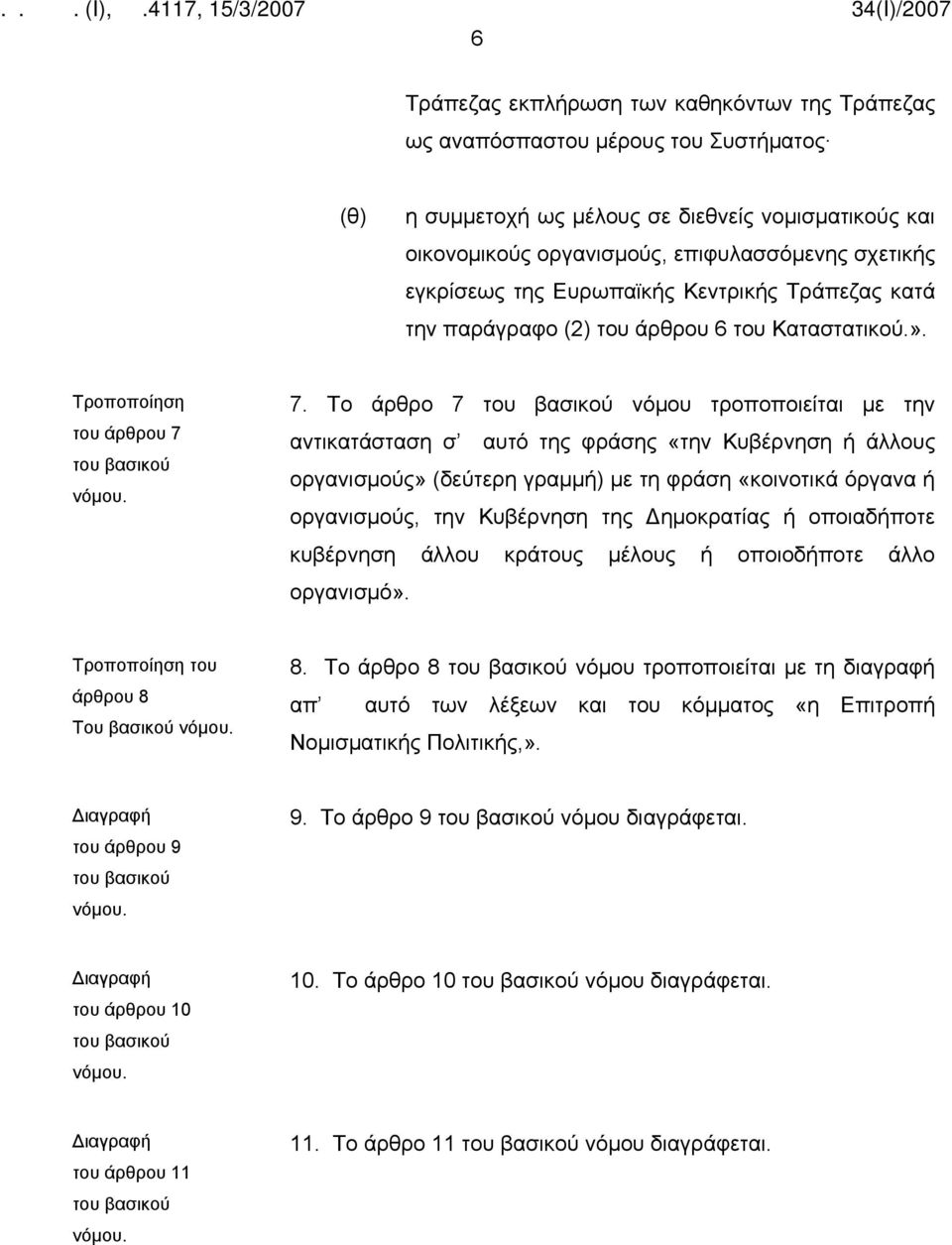 Το άρθρο 7 νόμου τροποποιείται με την αντικατάσταση σ αυτό της φράσης «την Κυβέρνηση ή άλλους οργανισμούς» (δεύτερη γραμμή) με τη φράση «κοινοτικά όργανα ή οργανισμούς, την Κυβέρνηση της Δημοκρατίας