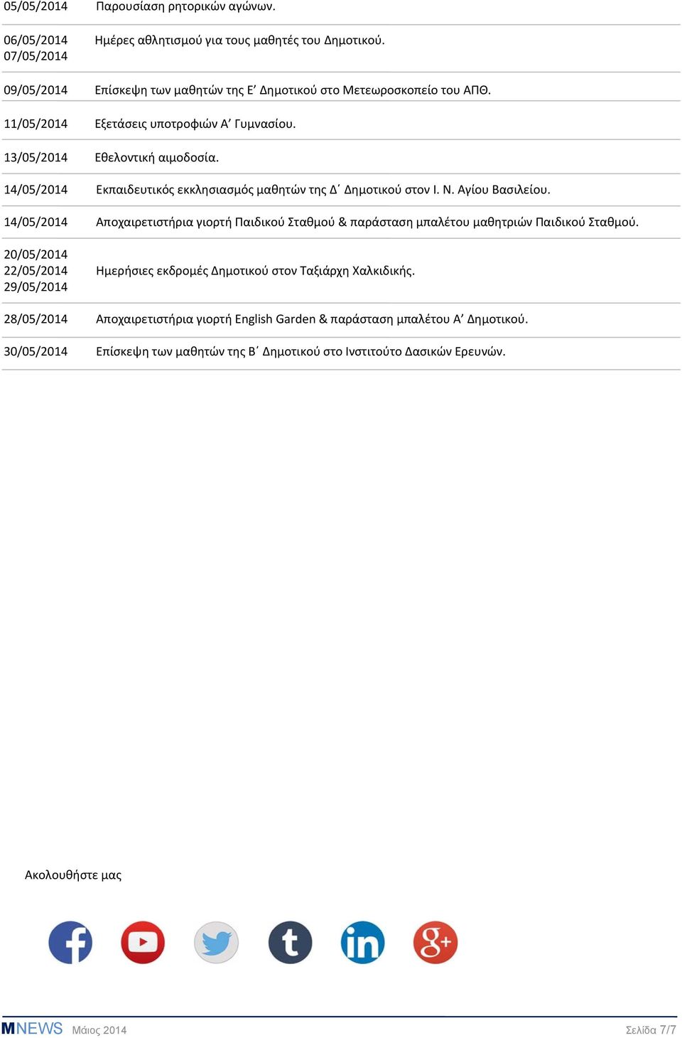 14/05/2014 Αποχαιρετιστήρια γιορτή Παιδικού Σταθμού & παράσταση μπαλέτου μαθητριών Παιδικού Σταθμού. 20/05/2014 22/05/2014 Ημερήσιες εκδρομές Δημοτικού στον Ταξιάρχη Χαλκιδικής.