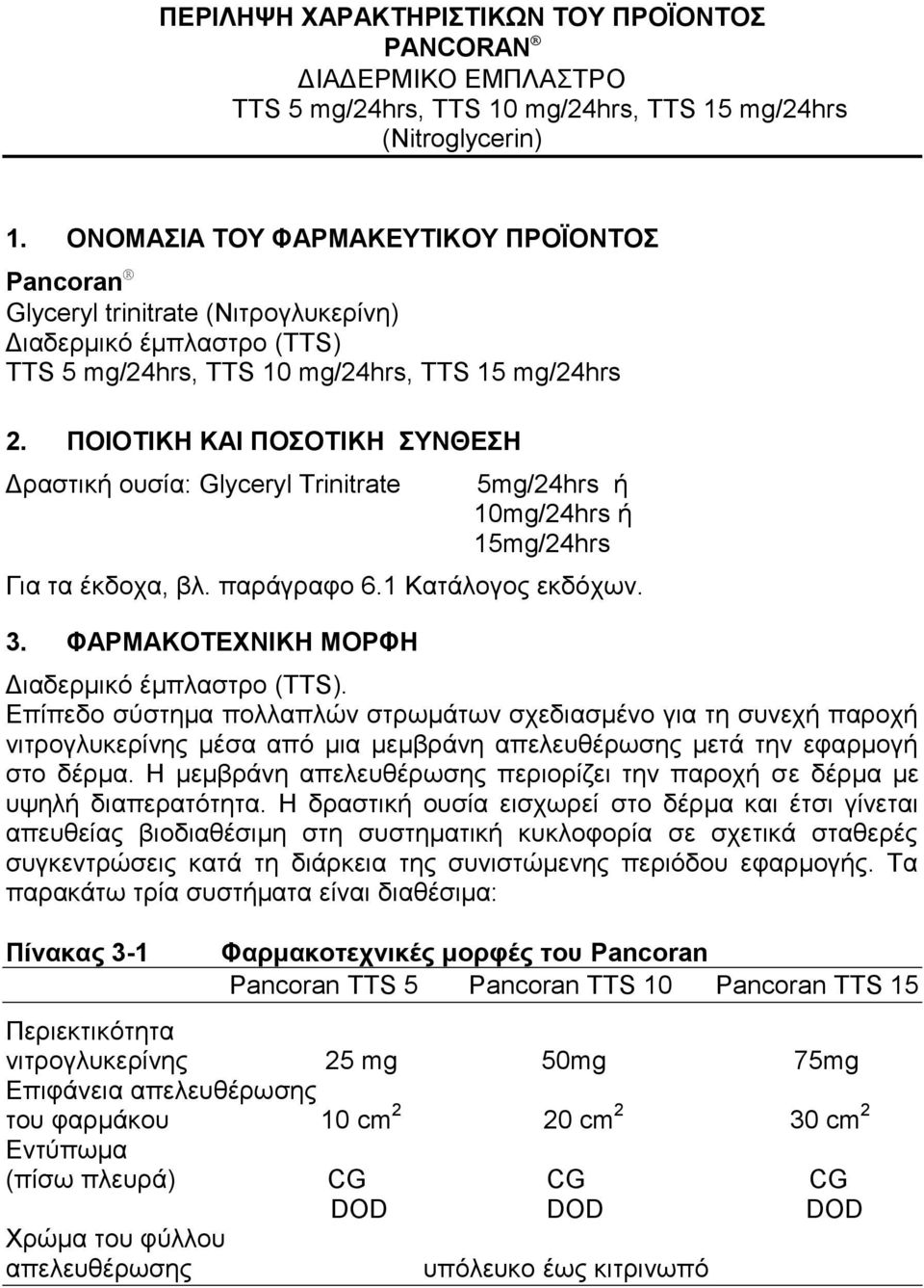 ΠΟΙΟΤΙΚΗ ΚΑΙ ΠΟΣΟΤΙΚΗ ΣΥΝΘΕΣΗ Δραστική ουσία: Glyceryl Τrinitrate 5mg/24hrs ή 10mg/24hrs ή 15mg/24hrs Για τα έκδοχα, βλ. παράγραφο 6.1 Κατάλογος εκδόχων. 3.
