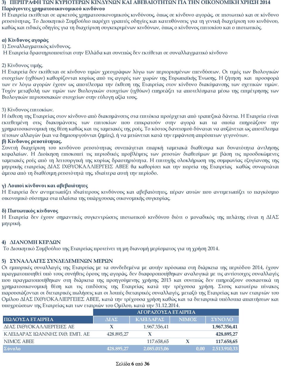 Το Διοικητικό Συμβούλιο παρέχει γραπτές οδηγίες και κατευθύνσεις για τη γενική διαχείριση του κινδύνου, καθώς και ειδικές οδηγίες για τη διαχείριση συγκεκριμένων κινδύνων, όπως ο κίνδυνος επιτοκίου