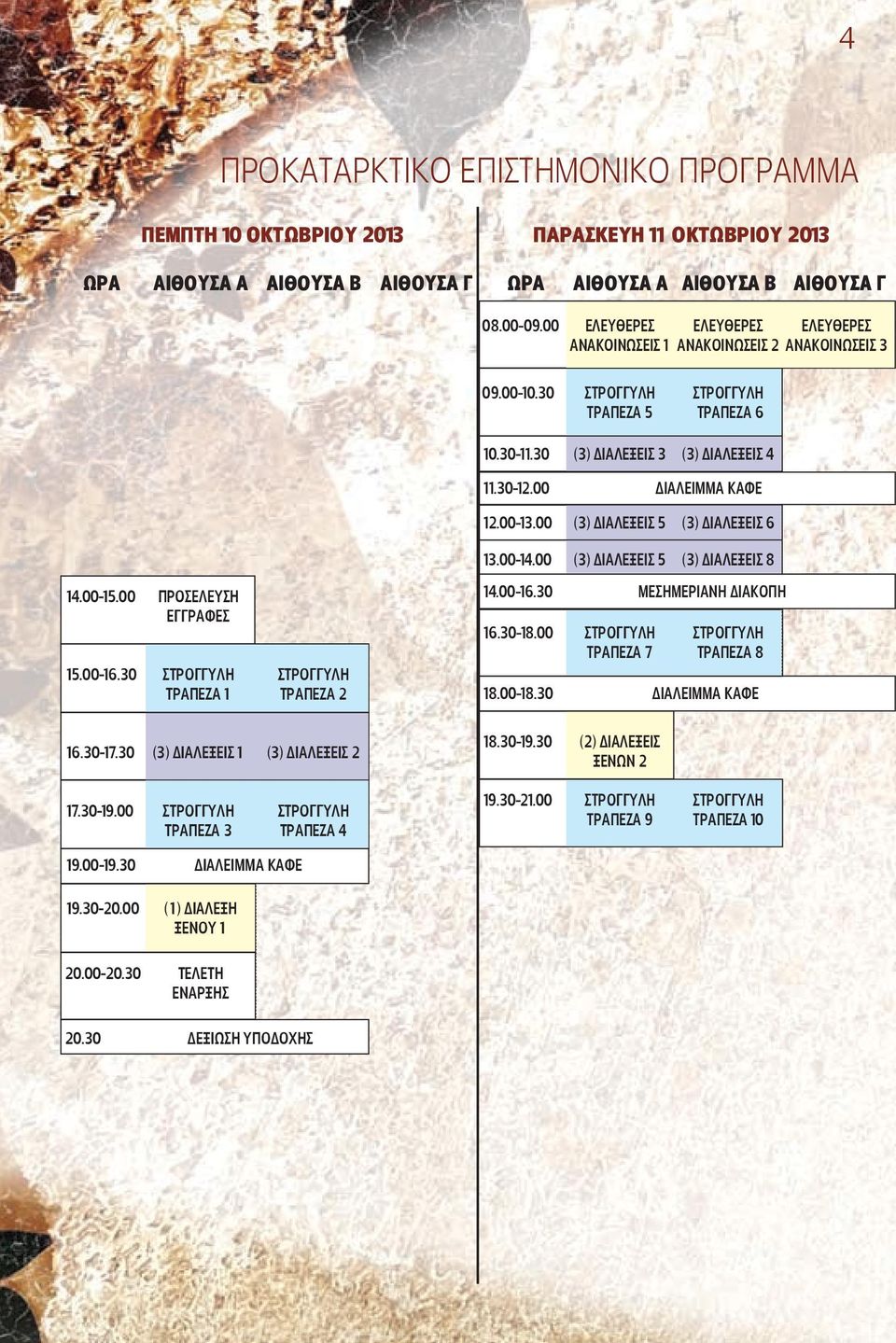 00 ΔΙΑΛΕΙΜΜΑ ΚΑΦΕ 12.00-13.00 (3) ΔΙΑΛΕΞΕΙΣ 5 (3) ΔΙΑΛΕΞΕΙΣ 6 13.00-14.00 (3) ΔΙΑΛΕΞΕΙΣ 5 (3) ΔΙΑΛΕΞΕΙΣ 8 14.00-15.00 ΠΡΟΣΕΛΕΥΣΗ ΕΓΓΡΑΦΕΣ 15.00-16.30 ΣΤΡΟΓΓΥΛΗ ΣΤΡΟΓΓΥΛΗ ΤΡΑΠΕΖΑ 1 ΤΡΑΠΕΖΑ 2 16.30-17.