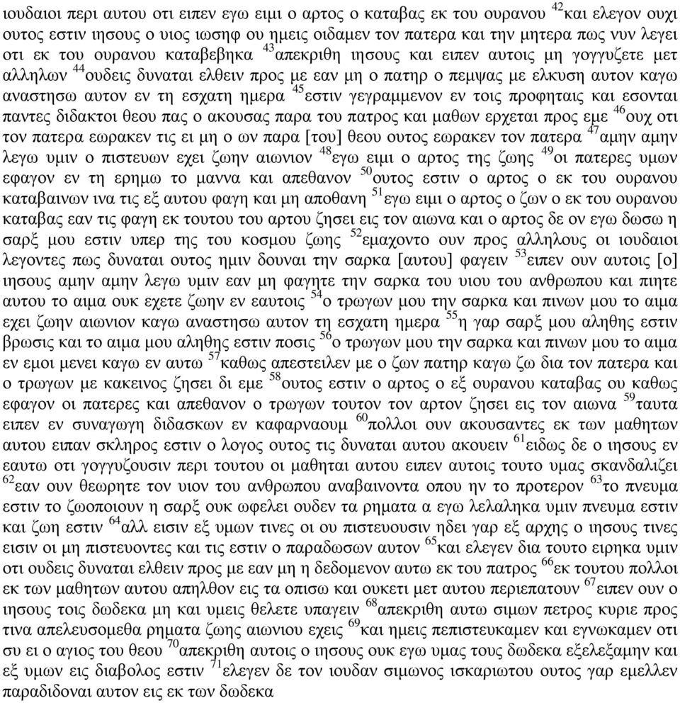 γεγραμμενον εν τοις προφηταις και εσονται παντες διδακτοι θεου πας ο ακουσας παρα του πατρος και μαθων ερχεται προς εμε 46 ουχ οτι τον πατερα εωρακεν τις ει μη ο ων παρα [του] θεου ουτος εωρακεν τον
