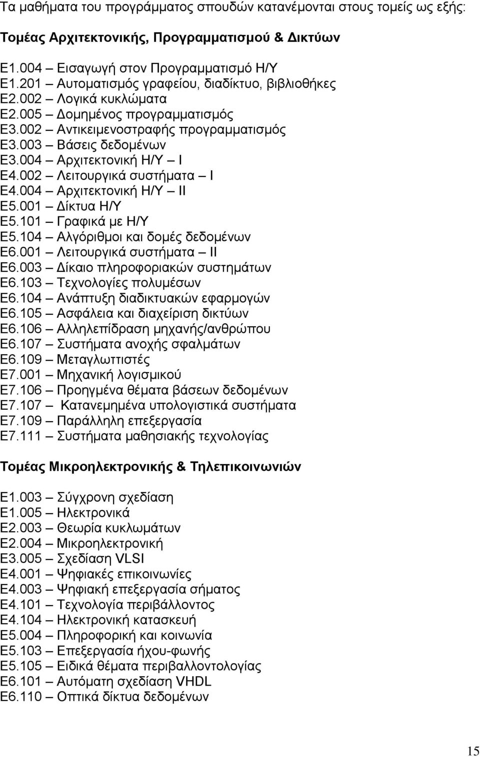 004 Αξρηηεθηνληθή Ζ/Τ Η Δ4.002 Λεηηνπξγηθά ζπζηήκαηα Η Δ4.004 Αξρηηεθηνληθή Ζ/Τ ΗΗ Δ5.001 Γίθηπα Ζ/Τ Δ5.101 Γξαθηθά κε Ζ/Τ Δ5.104 Αιγφξηζκνη θαη δνκέο δεδνκέλσλ Δ6.001 Λεηηνπξγηθά ζπζηήκαηα ΗΗ E6.