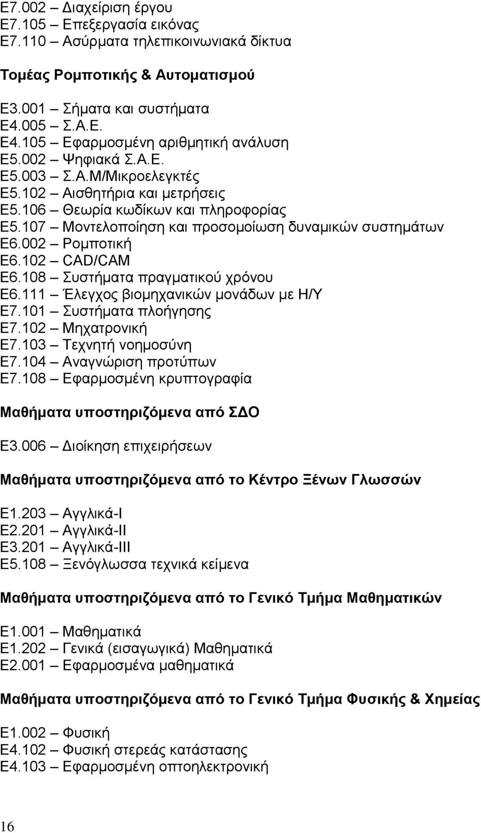 102 CAD/CAM Δ6.108 πζηήκαηα πξαγκαηηθνχ ρξφλνπ Δ6.111 Έιεγρνο βηνκεραληθψλ κνλάδσλ κε Ζ/Τ Δ7.101 πζηήκαηα πινήγεζεο Δ7.102 Μεραηξνληθή Δ7.103 Σερλεηή λνεκνζχλε Δ7.104 Αλαγλψξηζε πξνηχπσλ Δ7.