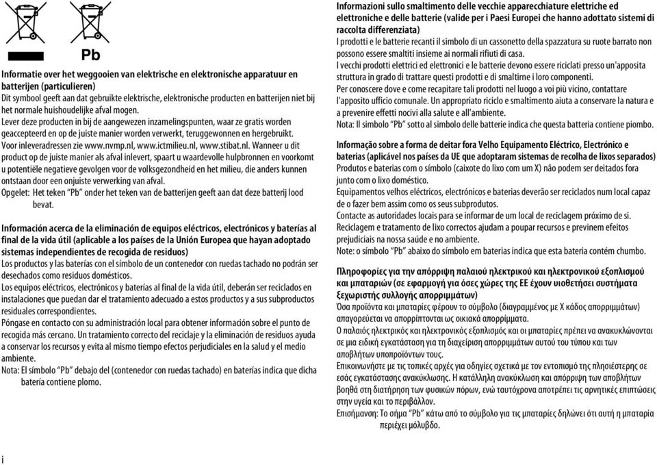 Lever deze producten in bij de aangewezen inzamelingspunten, waar ze gratis worden geaccepteerd en op de juiste manier worden verwerkt, teruggewonnen en hergebruikt. Voor inleveradressen zie www.nvmp.