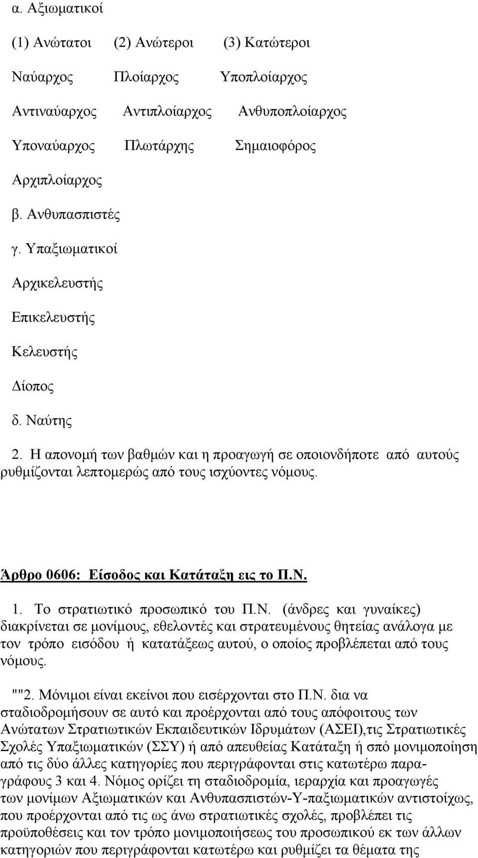 Άρθρο 0606: Είσοδος και Κατάταξη εις το Π.Ν.