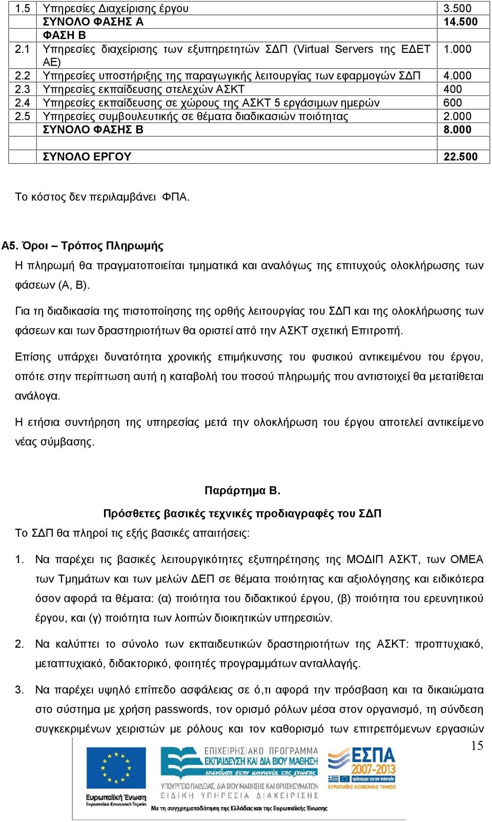 5 Υπηρεσίες συμβουλευτικής σε θέματα διαδικασιών ποιότητας 2.000 ΣΥΝΟΛΟ ΦΑΣΗΣ Β 8.000 ΣΥΝΟΛΟ ΕΡΓΟΥ 22.500 Το κόστος δεν περιλαμβάνει ΦΠΑ. Α5.