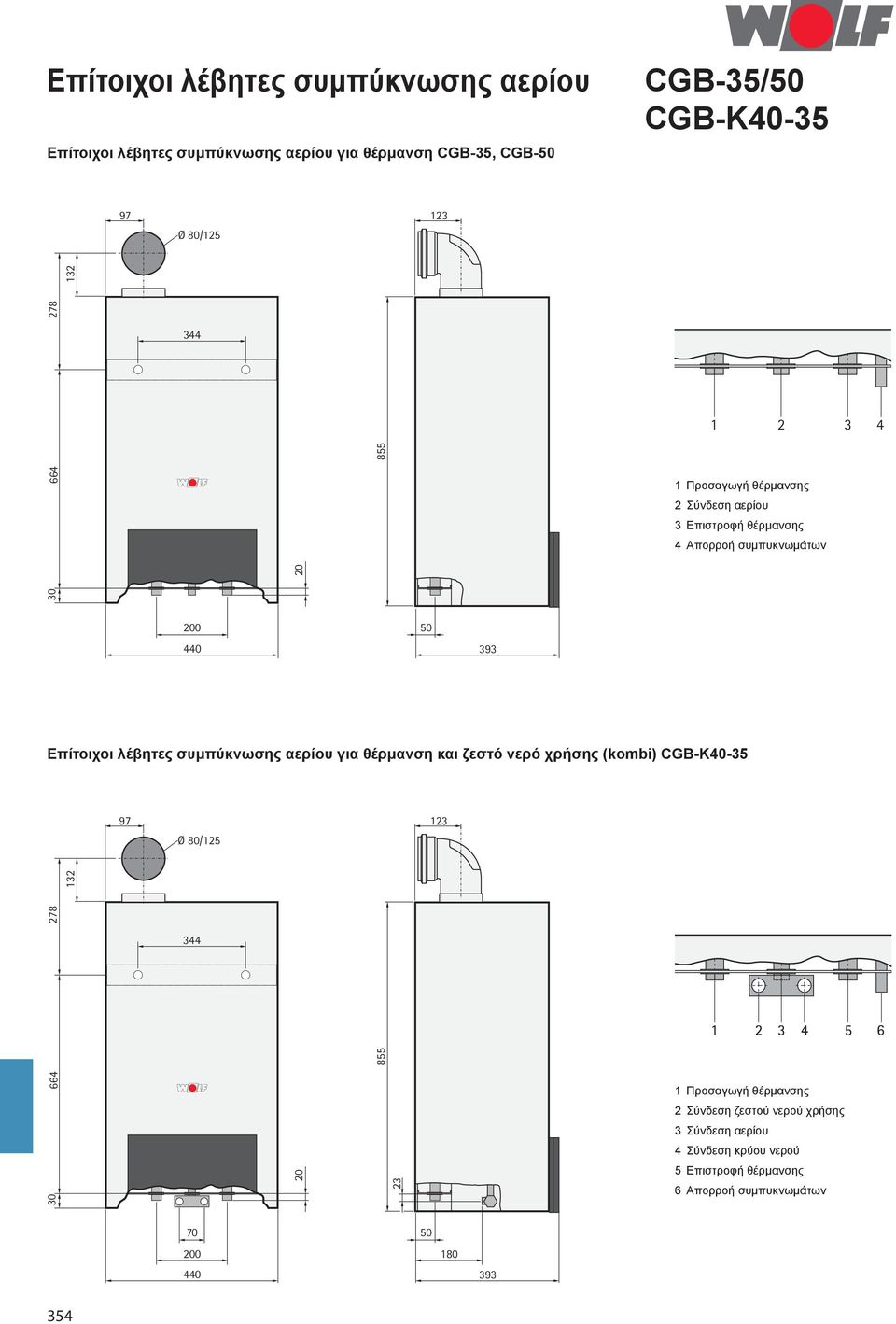 λέβητες συμπύκνωσης αερίου για θέρμανση και ζεστό νερό χρήσης (kombi) CGB-K40-35 97 Ø 80/125 123 132 278 344 855 664 1 Προσαγωγή θέρμανσης 2