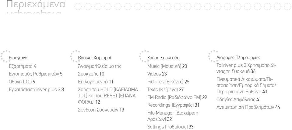 Σύνδεση Συσκευών 13 Χρήση Συσκευής 20 23 25 27 29 31 (Διαχείριση Αρχείων) 32 33 Διάφορες Πληροφορίες Το iriver plus 3