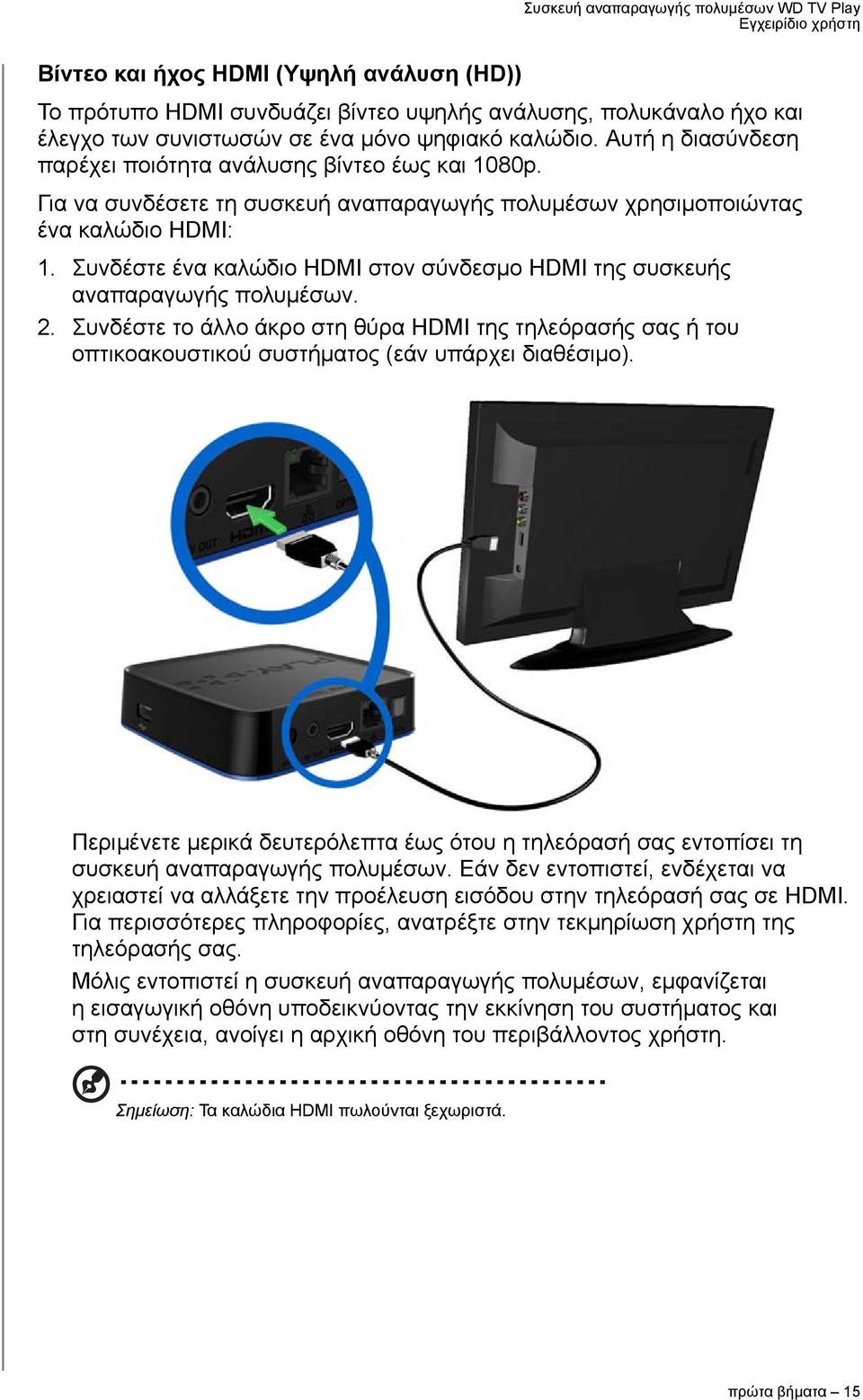Συνδέστε ένα καλώδιο HDMI στον σύνδεσμο HDMI της συσκευής αναπαραγωγής πολυμέσων. 2. Συνδέστε το άλλο άκρο στη θύρα HDMI της τηλεόρασής σας ή του οπτικοακουστικού συστήματος (εάν υπάρχει διαθέσιμο).