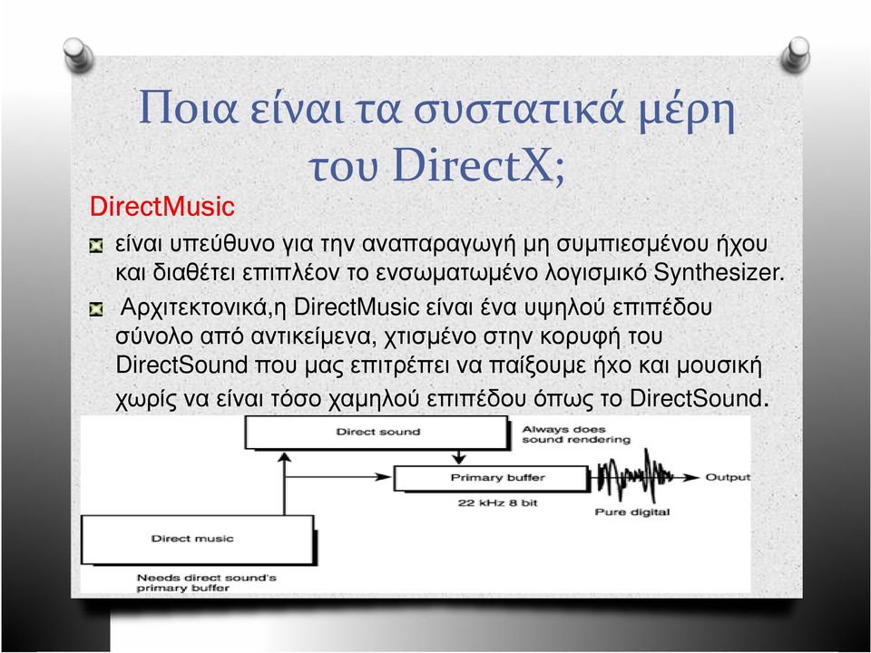 Αρχιτεκτονικά,η DirectMusic είναι ένα υψηλού επιπέδου σύνολο από αντικείµενα, χτισµένο στην