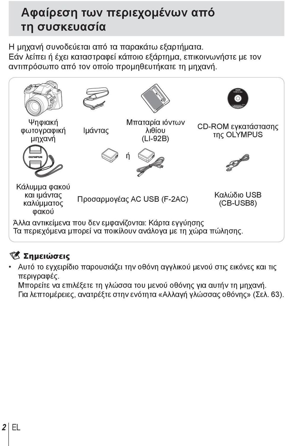 Ψηφιακή φωτογραφική μηχανή Ιμάντας Μπαταρία ιόντων λιθίου (LI-92B) CD-ROM εγκατάστασης της OLYMPUS ή Κάλυμμα φακού και ιμάντας καλύμματος φακού Προσαρμογέας AC USB (F-2AC) Καλώδιο USB (CB-USB8)