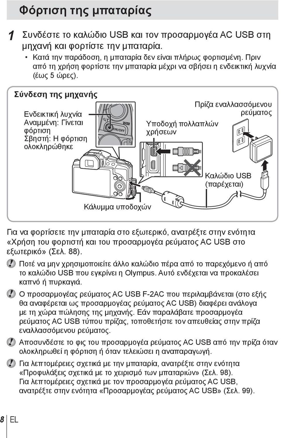 Σύνδεση της μηχανής Ενδεικτική λυχνία Αναμμένη: Γίνεται φόρτιση Σβηστή: Η φόρτιση ολοκληρώθηκε Πρίζα εναλλασσόμενου ρεύματος Υποδοχή πολλαπλών χρήσεων Καλώδιο USB (παρέχεται) Κάλυμμα υποδοχών Για να