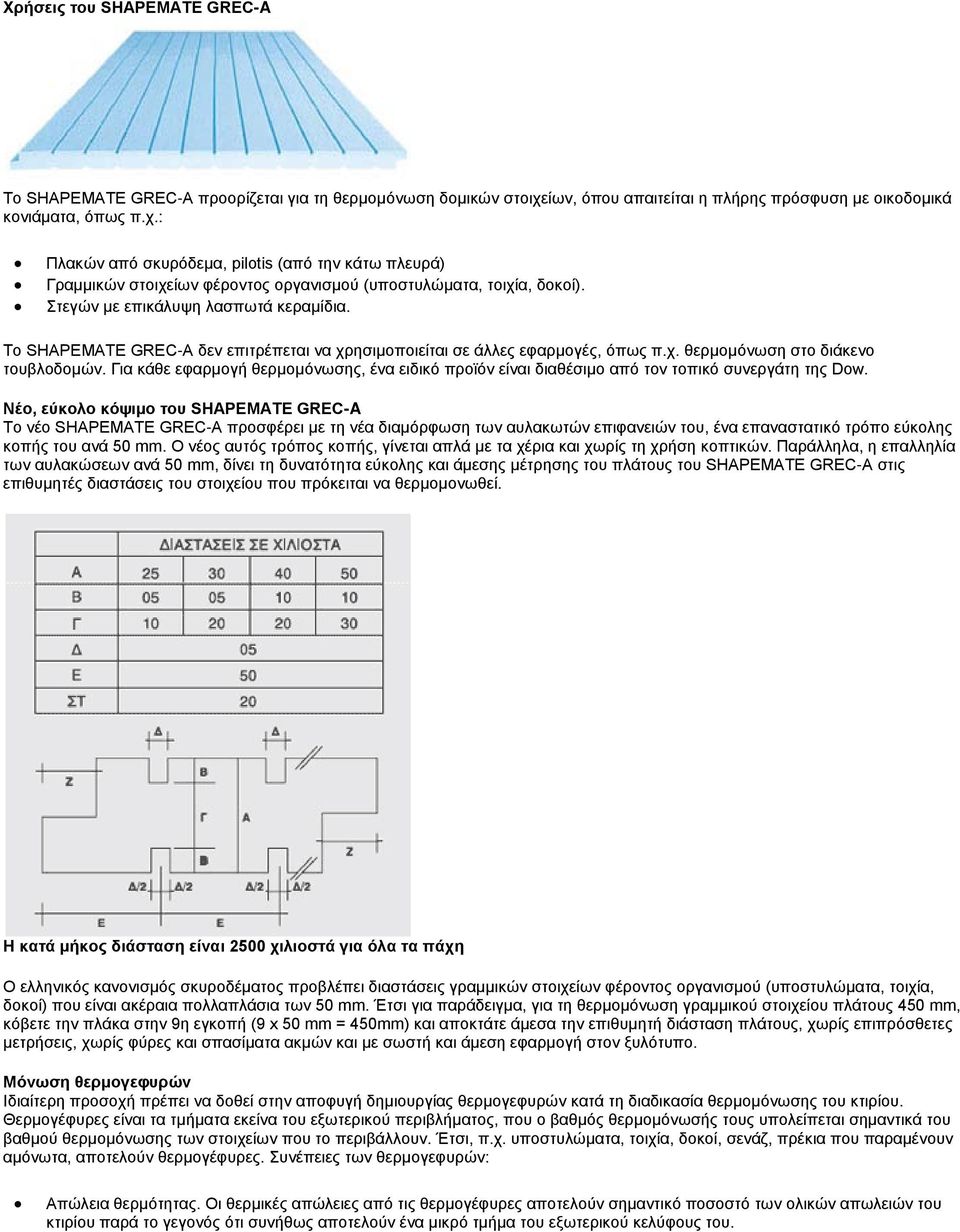 Στεγών με επικάλυψη λασπωτά κεραμίδια. Το SHAPEMATE GREC-A δεν επιτρέπεται να χρησιμοποιείται σε άλλες εφαρμογές, όπως π.χ. θερμομόνωση στο διάκενο τουβλοδομών.