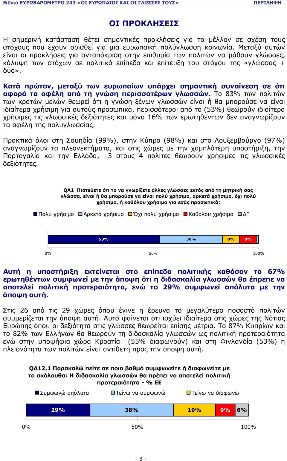 Κατά πρώτον, µεταξύ των ευρωπαίων υπάρχει σηµαντική συναίνεση σε ότι αφορά τα οφέλη από τη γνώση περισσοτέρων γλωσσών.