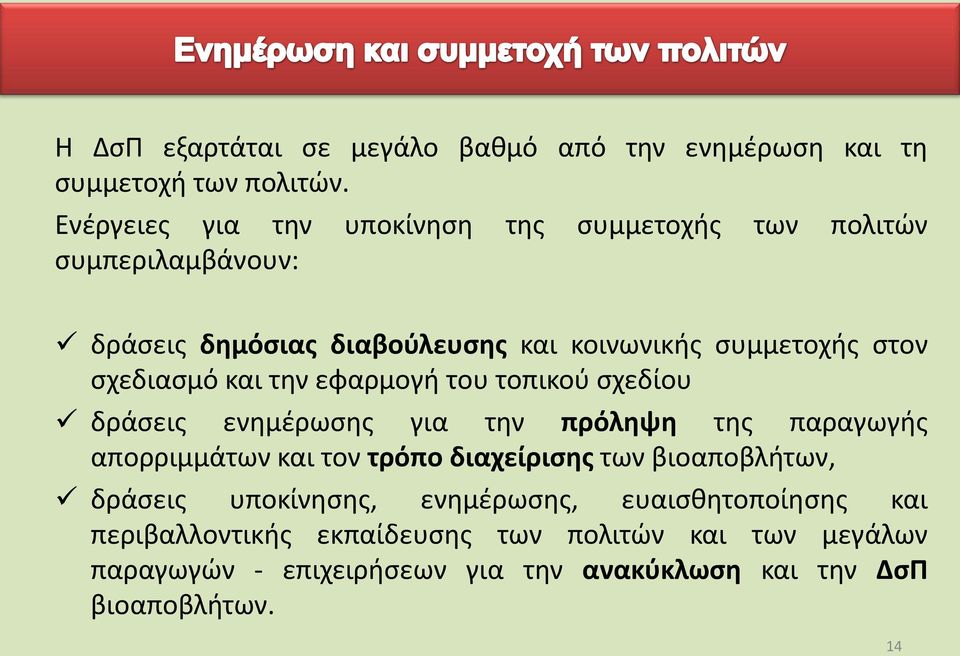 κοινωνικής συμμετοχής στον σχεδιασμό και την εφαρμογή του τοπικού σχεδίου δράσεις ενημέρωσης για την πρόληψη της παραγωγής απορριμμάτων