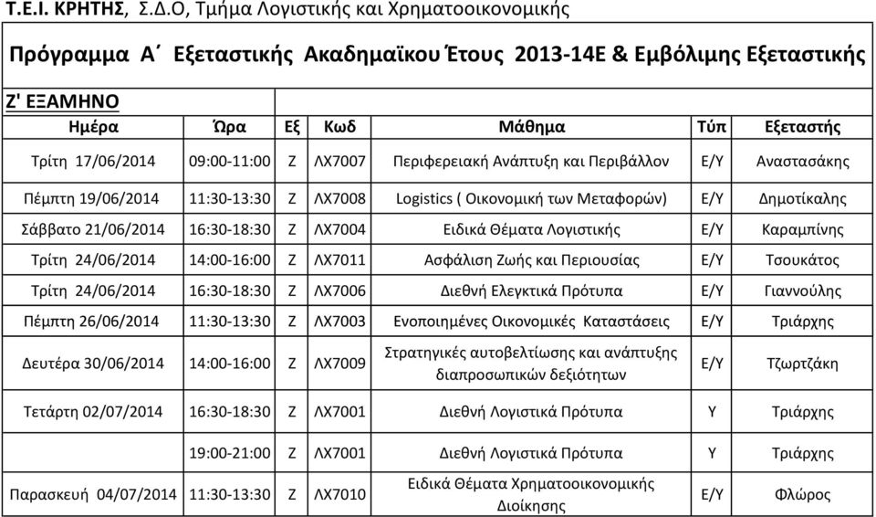 Πρότυπα Γιαννούλης Πέμπτη 26/06/2014 11:30-13:30 Ζ ΛΧ7003 Ενοποιημένες Οικονομικές Καταστάσεις Τριάρχης Δευτέρα 30/06/2014 14:00-16:00 Ζ ΛΧ7009 Στρατηγικές αυτοβελτίωσης και ανάπτυξης διαπροσωπικών