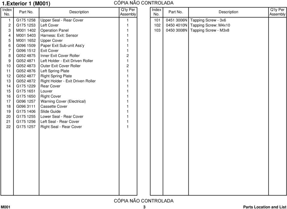 Sub-unit Ass'y 1 7 G096 1512 Exit Cover 1 8 G052 4875 Inner Exit Cover Roller 2 9 G052 4871 Left Holder - Exit Driven Roller 1 10 G052 4873 Outer Exit Cover Roller 2 11 G052 4876 Left Spring Plate 1