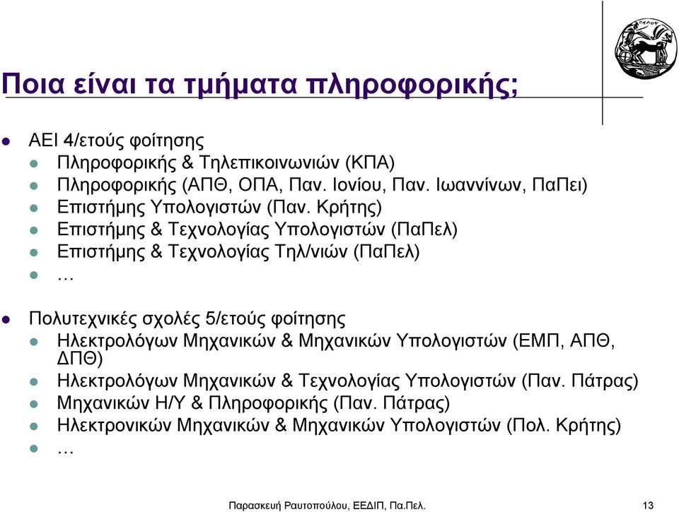 Κρήτης) Επιστήμης & Τεχνολογίας Υπολογιστών (ΠαΠελ) Επιστήμης & Τεχνολογίας Τηλ/νιών (ΠαΠελ) Πολυτεχνικές σχολές 5/ετούς φοίτησης Ηλεκτρολόγων
