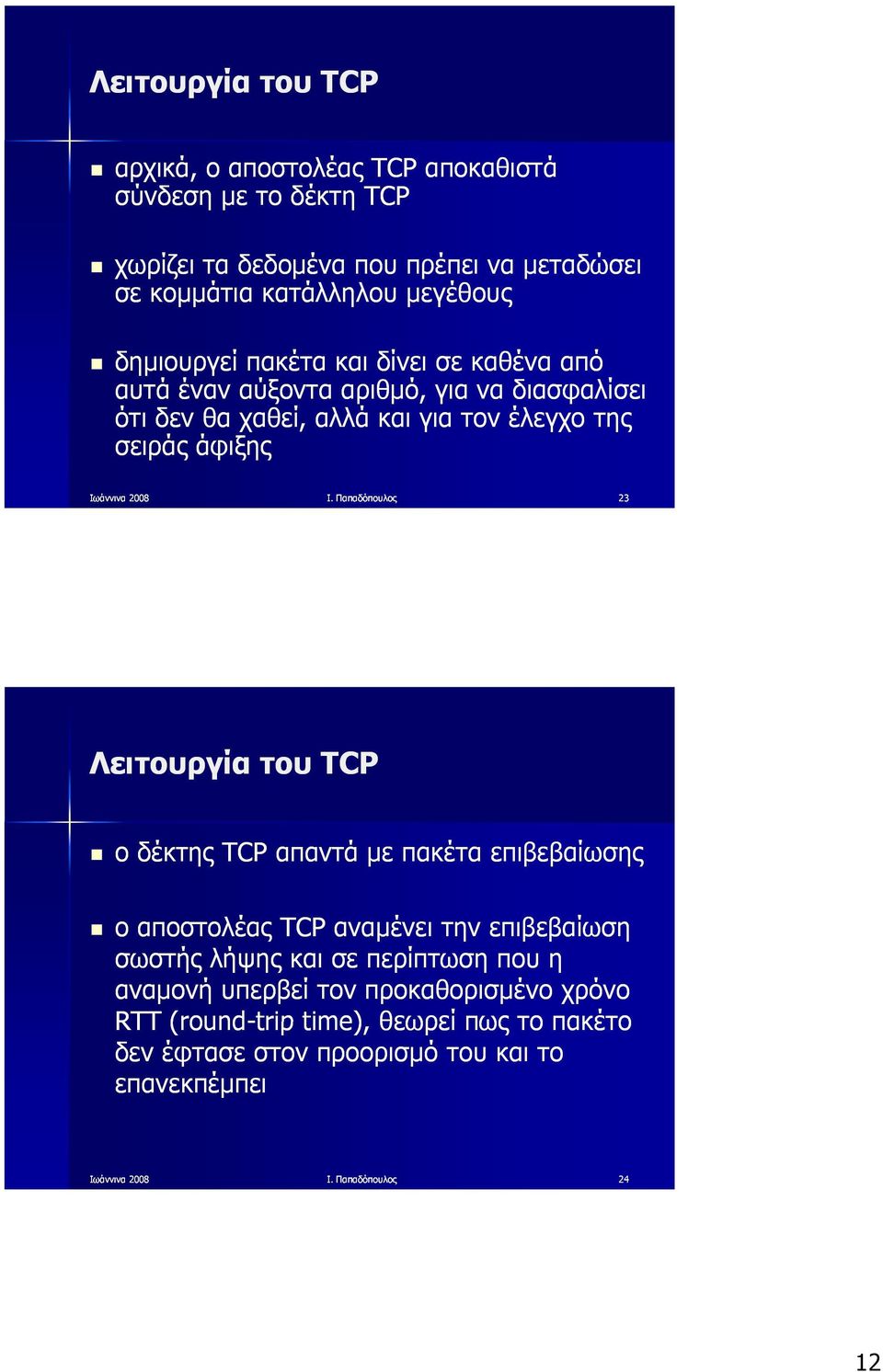 Παπαδόπουλος 23 Λειτουργία του TCP ο δέκτης TCP απαντά με πακέτα επιβεβαίωσης ο αποστολέας TCP αναμένει την επιβεβαίωση σωστής λήψης και σε περίπτωση που