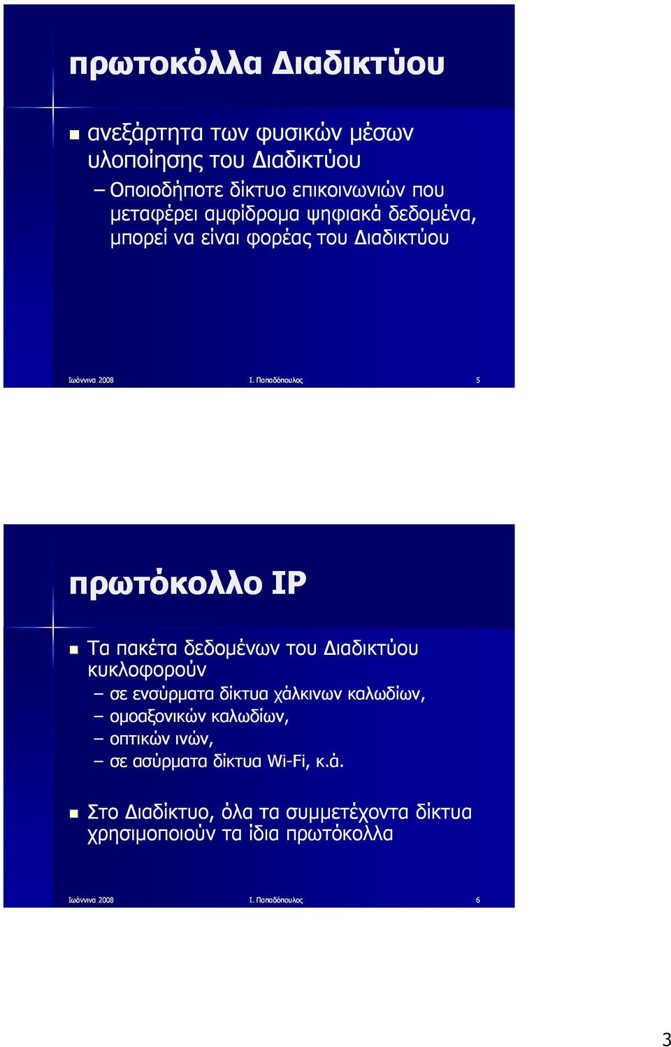 Παπαδόπουλος 5 πρωτόκολλο IP Τα πακέτα δεδομένων του Διαδικτύου κυκλοφορούν σε ενσύρματα δίκτυα χάλκινων καλωδίων,