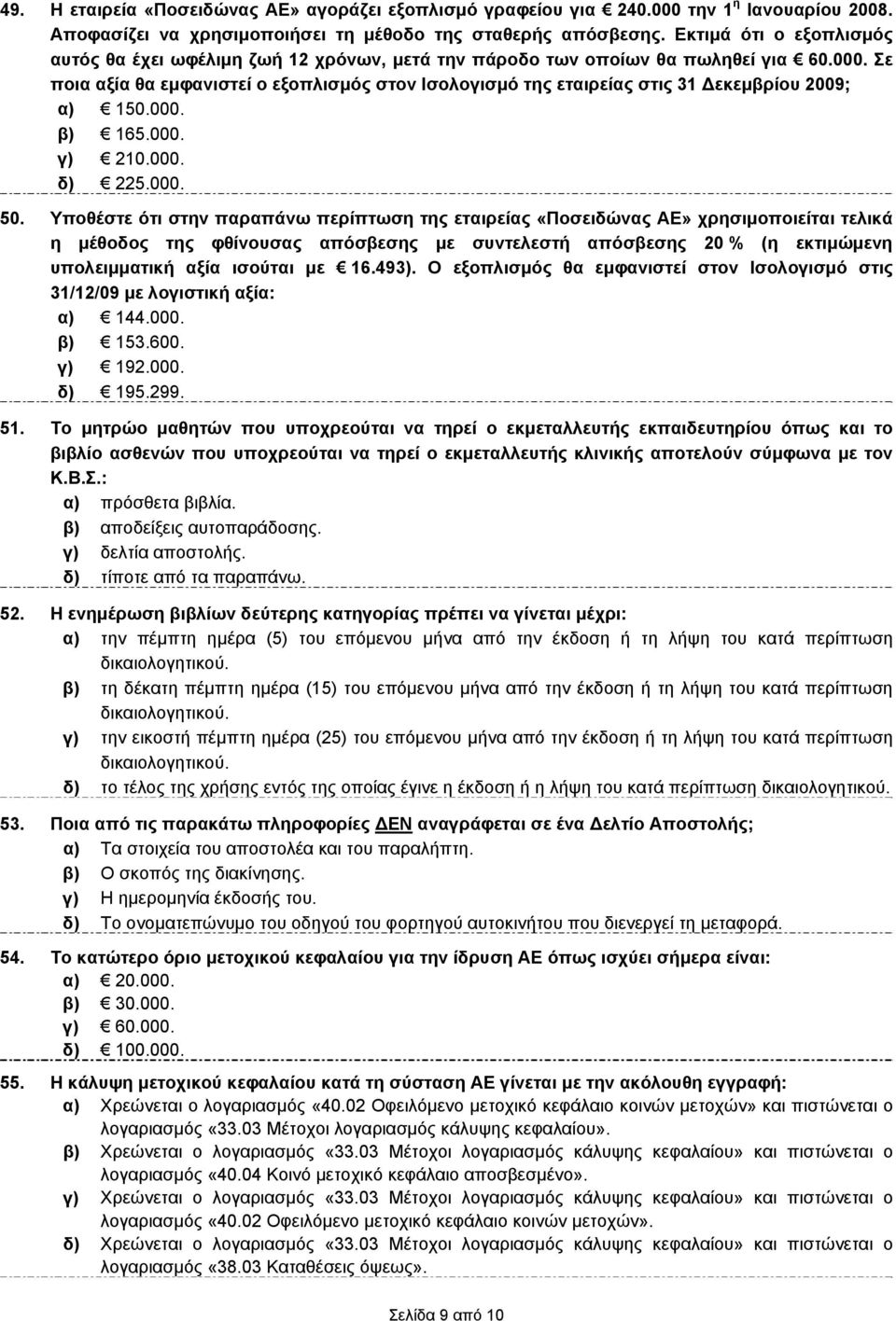 Σε ποια αξία θα εμφανιστεί ο εξοπλισμός στον Ισολογισμό της εταιρείας στις 31 Δεκεμβρίου 2009; α) 150.000. β) 165.000. γ) 210.000. δ) 225.000. 50.