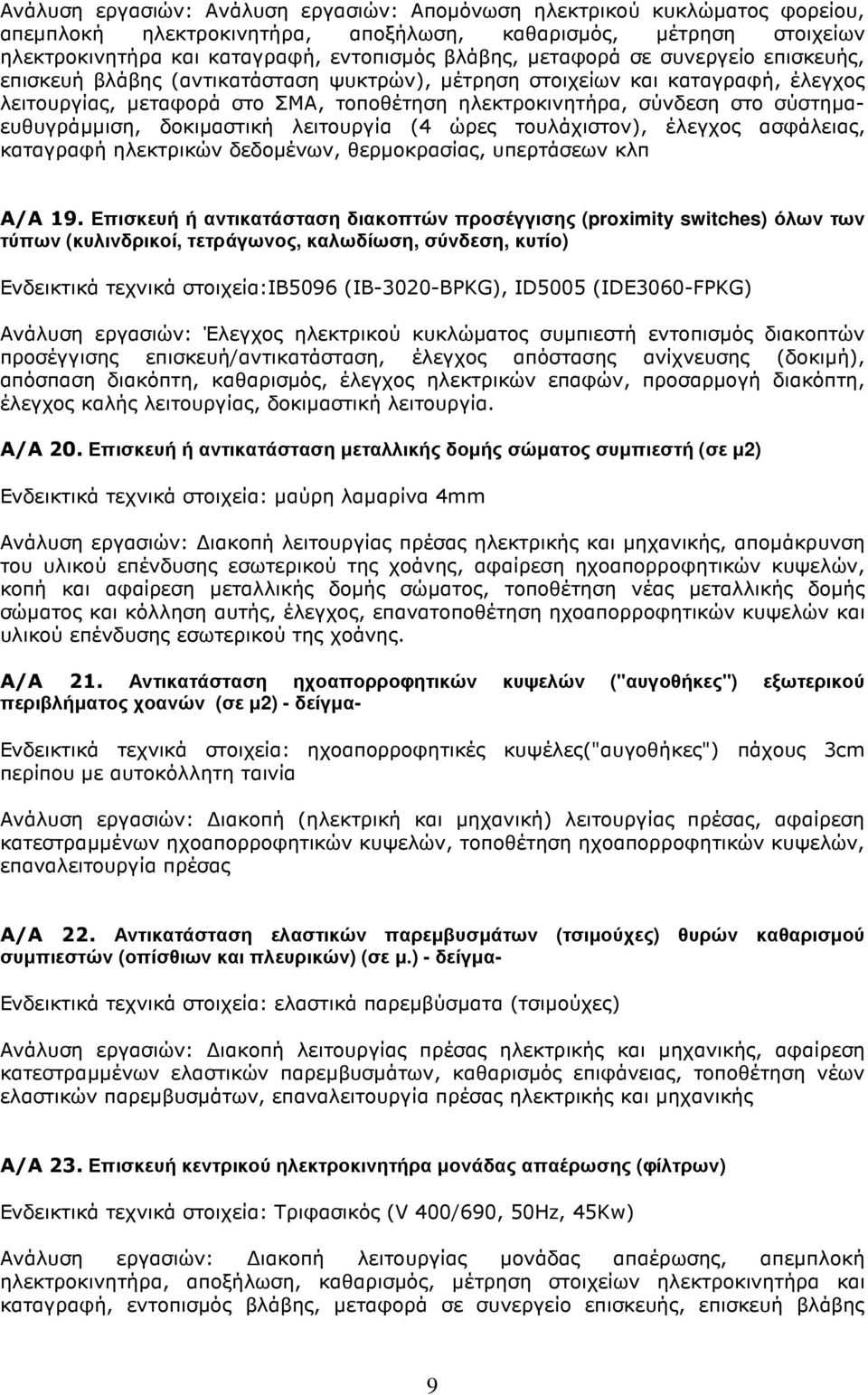 σύστηµαευθυγράµµιση, δοκιµαστική λειτουργία (4 ώρες τουλάχιστον), έλεγχος ασφάλειας, καταγραφή ηλεκτρικών δεδοµένων, θερµοκρασίας, υπερτάσεων κλπ Α/Α 19.