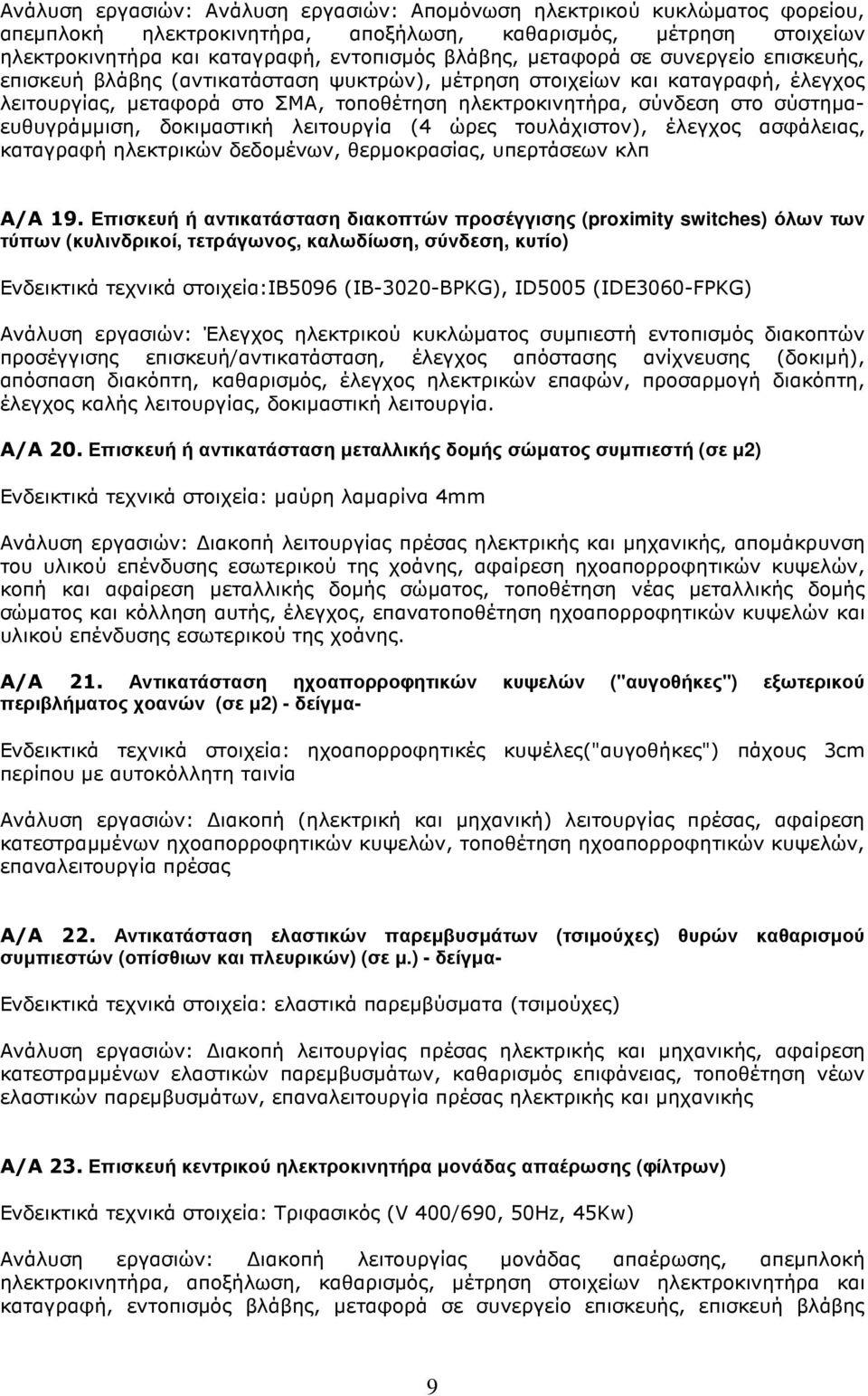 σύστηµαευθυγράµµιση, δοκιµαστική λειτουργία (4 ώρες τουλάχιστον), έλεγχος ασφάλειας, καταγραφή ηλεκτρικών δεδοµένων, θερµοκρασίας, υπερτάσεων κλπ Α/Α 19.