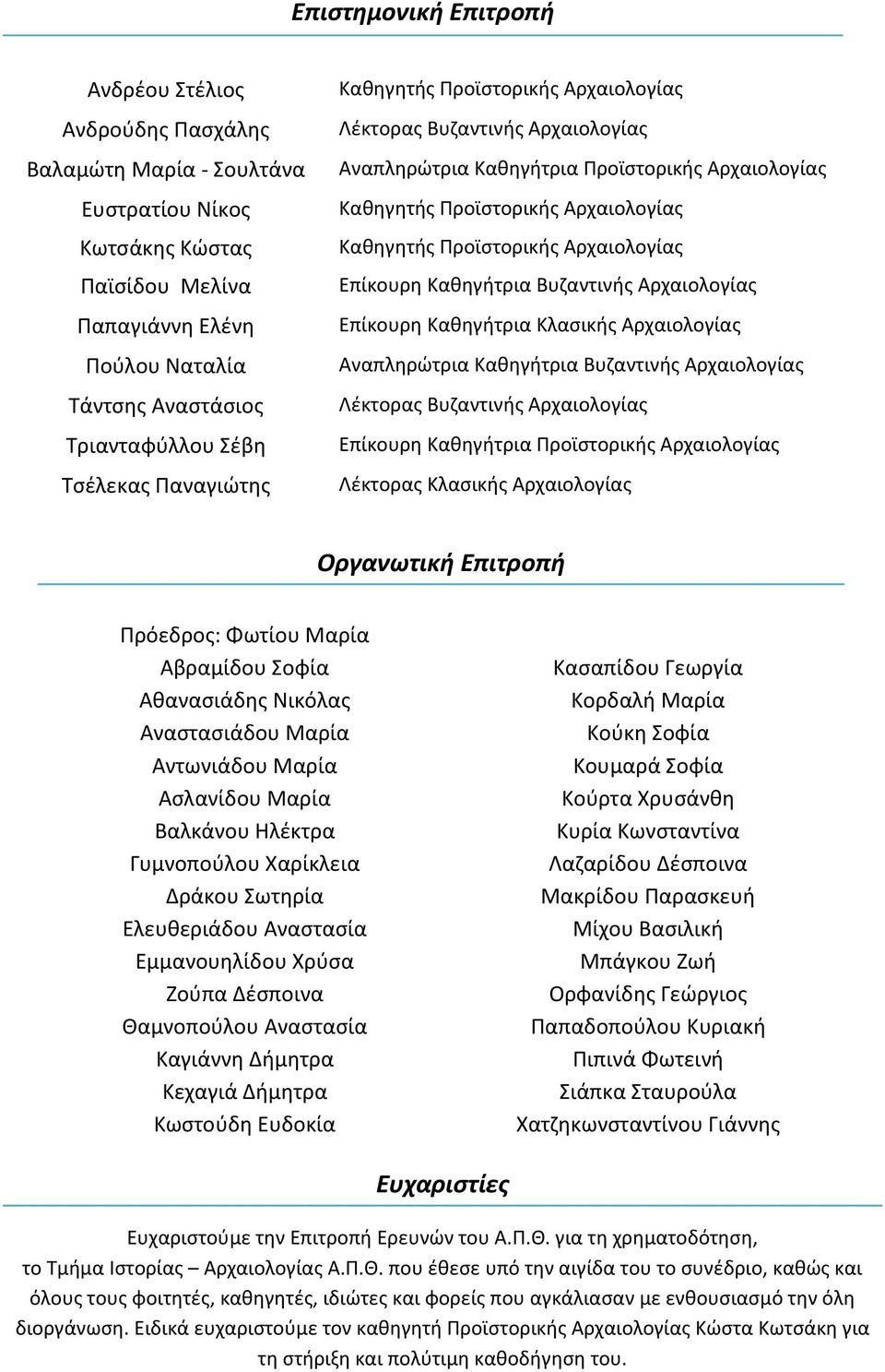 Προϊστορικής Αρχαιολογίας Επίκουρη Καθηγήτρια Βυζαντινής Αρχαιολογίας Επίκουρη Καθηγήτρια Κλασικής Αρχαιολογίας Αναπληρώτρια Καθηγήτρια Βυζαντινής Αρχαιολογίας Λέκτορας Βυζαντινής Αρχαιολογίας