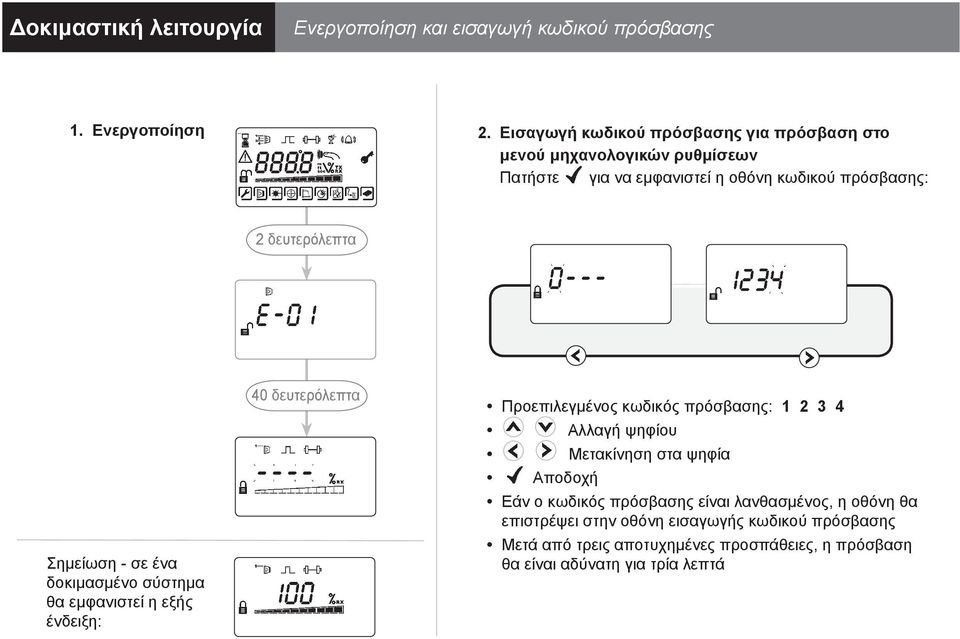 Σημείωση - σε ένα δοκιμασμένο σύστημα θα εμφανιστεί η εξής ένδειξη: 40 δευτερόλεπτα Προεπιλεγμένος κωδικός πρόσβασης: 1 2 3 4 Αλλαγή ψηφίου