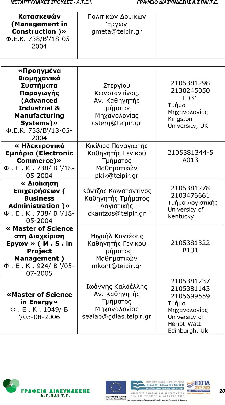 S. in Project Management ) Φ. Ε. Κ. 924/ Β '/05-07-2005 «Master of Science in Energy» Φ. Ε. Κ. 1049/ Β '/03-08-2006 Στεργίου Κωνσταντίνος, Αν. Καθηγητής Τμήματος Μηχανολογίας csterg@teipir.