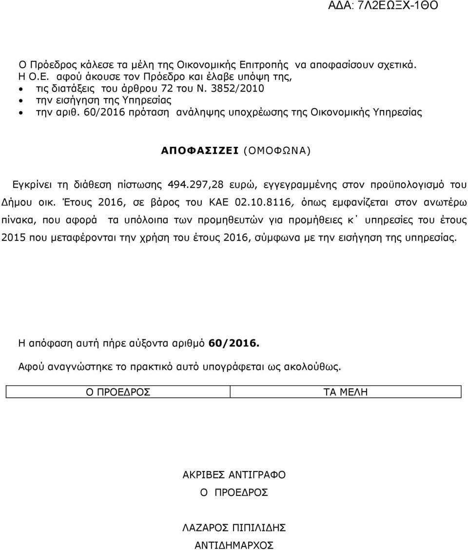 297,28 ευρώ, εγγεγραμμένης στον προϋπολογισμό του Δήμου οικ. Έτους 2016, σε βάρος του ΚΑΕ 02.10.
