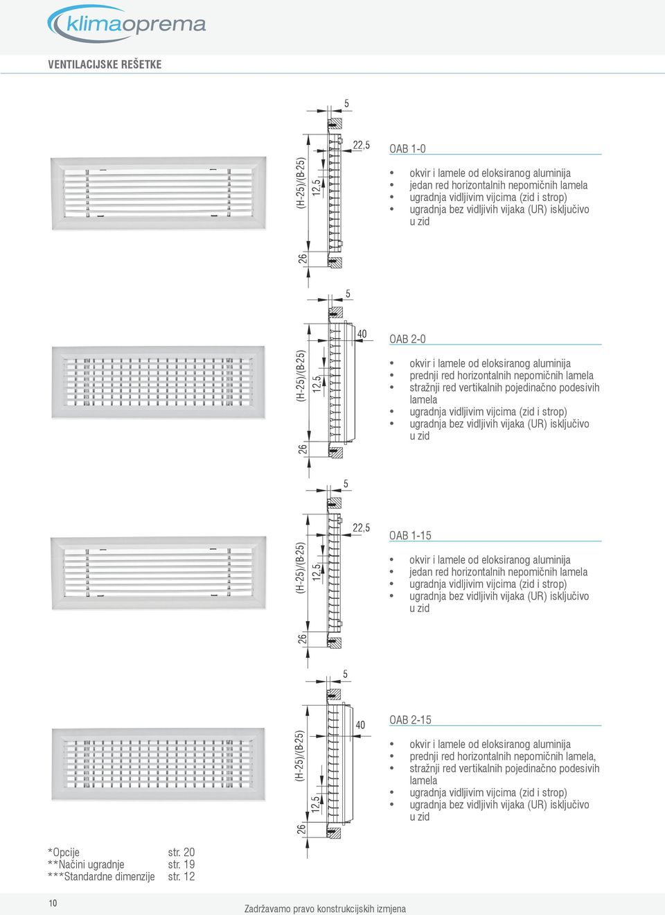 vidljivih vijaka (UR) isključivo u zid ()/() 1,, OA 11 okvir i lamele od eloksiranog aluminija jedan red horizontalnih nepomičnih lamela ugradnja vidljivim vijcima (zid i strop) ugradnja bez