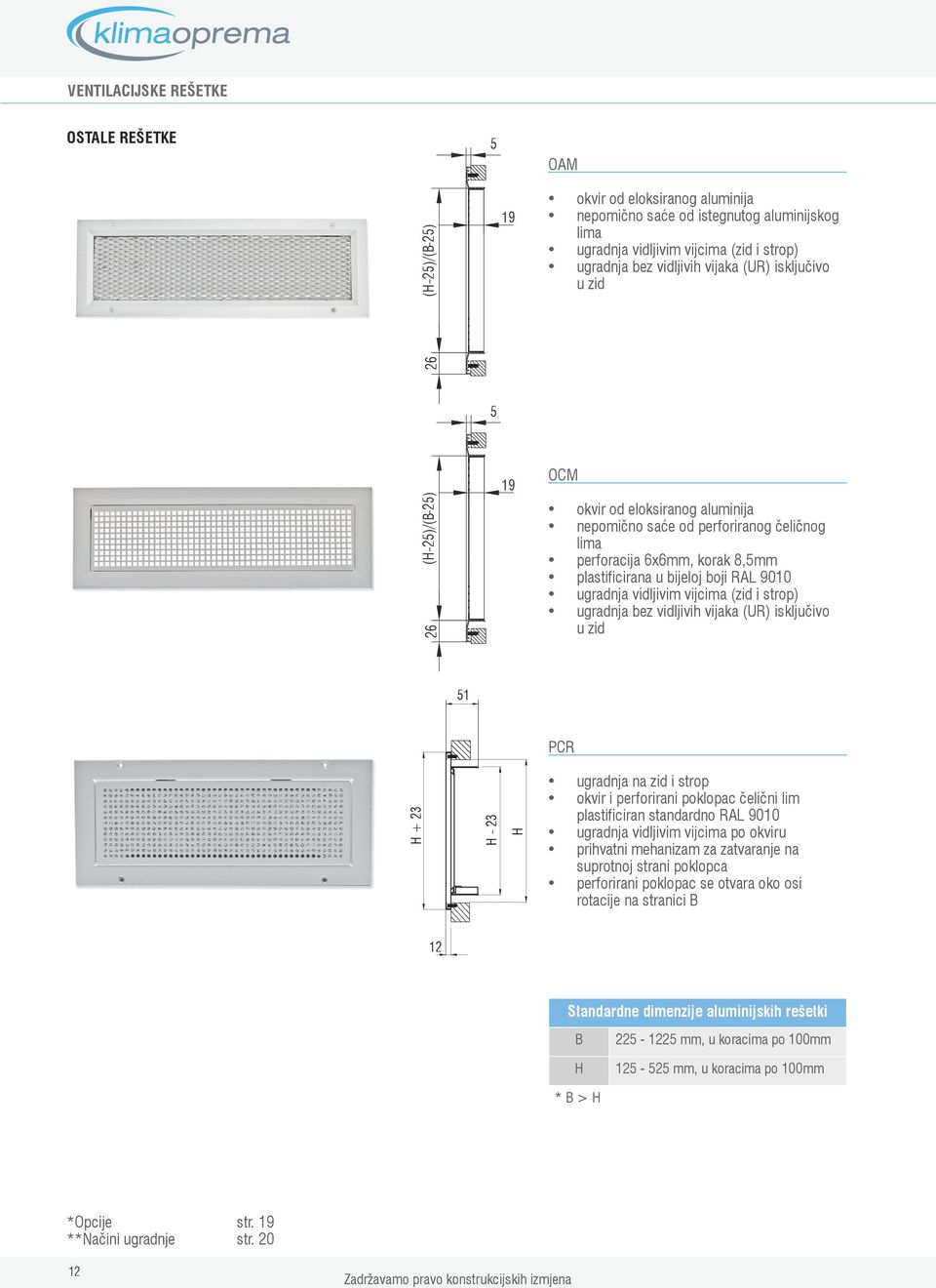 ugradnja bez vidljivih vijaka (UR) isključivo u zid 1 PCR + ugradnja na zid i strop okvir i perforirani poklopac čelični lim plastificiran standardno RAL 90 ugradnja vidljivim vijcima po okviru