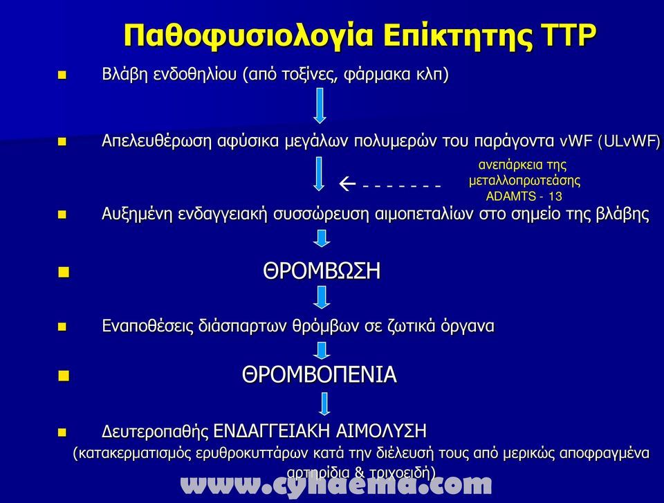 αιμοπεταλίων στο σημείο της βλάβης ΘΡΟΜΒΩΣΗ Εναποθέσεις διάσπαρτων θρόμβων σε ζωτικά όργανα ΘΡΟΜΒΟΠΕΝΙΑ Δευτεροπαθής