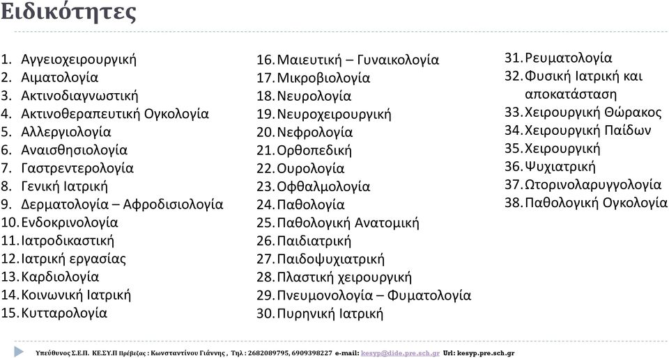 Νευρολογία 19.Νευροχειρουργική 20.Νεφρολογία 21.Ορθοπεδική 22.Ουρολογία 23.Οφθαλμολογία 24.Παθολογία 25.Παθολογική Ανατομική 26.Παιδιατρική 27.Παιδοψυχιατρική 28.Πλαστική χειρουργική 29.