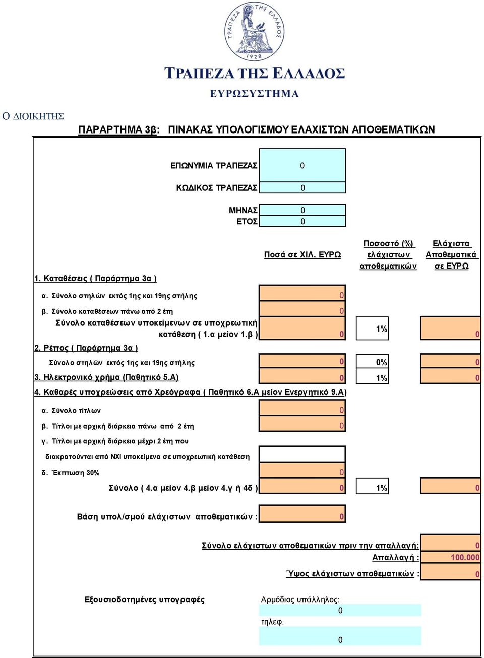 Ρέπος ( Παράρτημα 3α ) στηλών εκτός 1ης και 19ης στήλης % 3. Ηλεκτρονικό χρήμα (Παθητικό 5.Α) 1% 4. Καθαρές υποχρεώσεις από Χρεόγραφα ( Παθητικό 6.Α μείον Ενεργητικό 9.Α) α. τίτλων β.