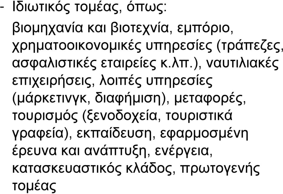 ), ναυτιλιακές επιχειρήσεις, λοιπές υπηρεσίες (μάρκετινγκ, διαφήμιση), μεταφορές,