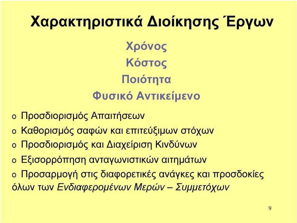 Προσδιορισµός και ιαχείριση Κινδύνων o Εξισορρόπηση ανταγωνιστικών αιτηµάτων o