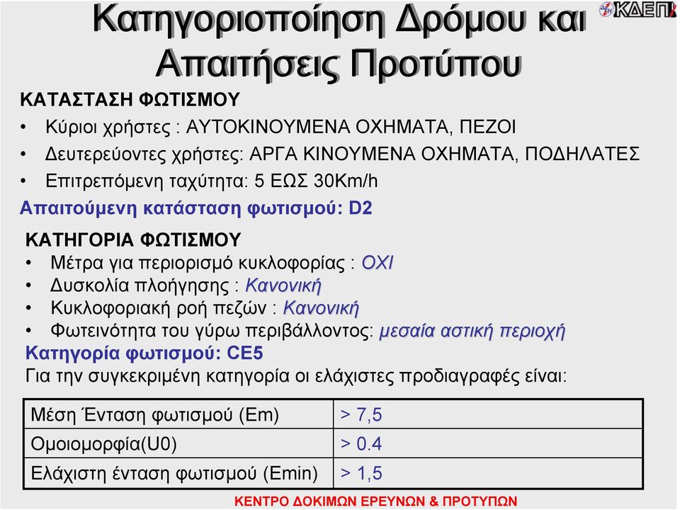 πλοήγησης : Κανονική Κυκλοφοριακή ροή πεζών : Κανονική Φωτεινότητα του γύρω περιβάλλοντος: μεσαία αστική περιοχή Κατηγορία φωτισμού: CE5 Για την συγκεκριμένη