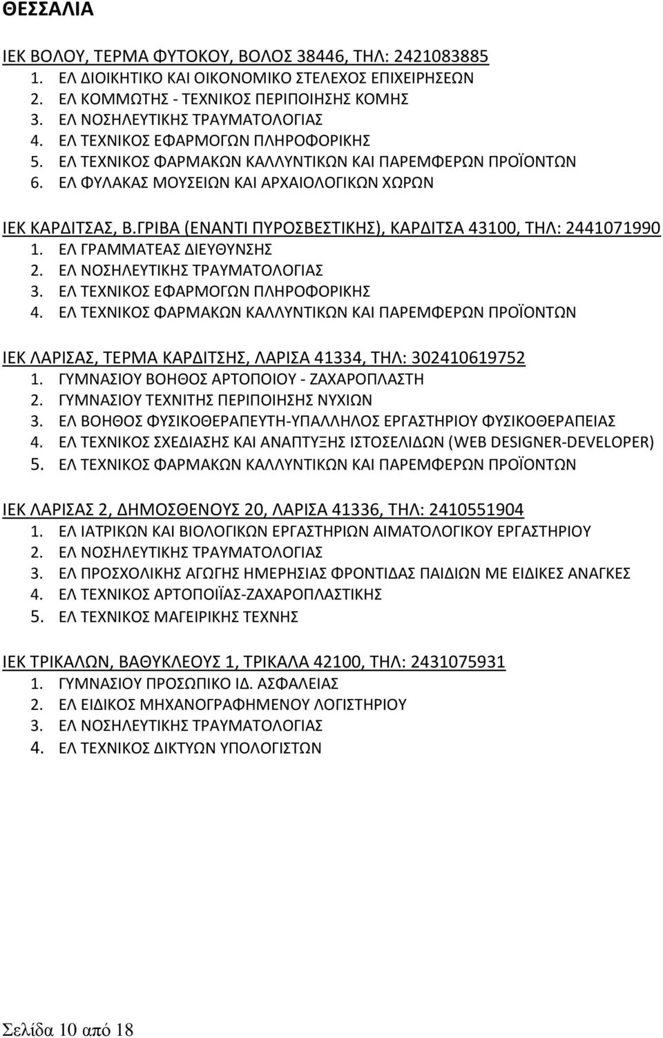 ΓΡΙΒΑ (ΕΝΑΝΤΙ ΠΥΡΟΣΒΕΣΤΙΚΗΣ), ΚΑΡΔΙΤΣΑ 43100, ΤΗΛ: 2441071990 1. ΕΛ ΓΡΑΜΜΑΤΕΑΣ ΔΙΕΥΘΥΝΣΗΣ 2. ΕΛ ΝΟΣΗΛΕΥΤΙΚΗΣ ΤΡΑΥΜΑΤΟΛΟΓΙΑΣ 3. ΕΛ ΤΕΧΝΙΚΟΣ ΕΦΑΡΜΟΓΩΝ ΠΛΗΡΟΦΟΡΙΚΗΣ 4.