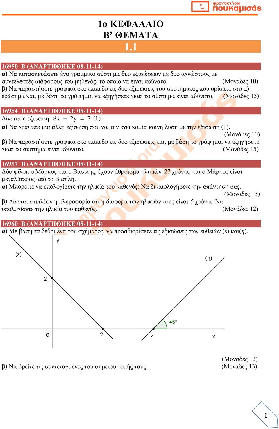 (Μονάδες 15) 16954 Β (ΑΝΑΡΤΗΘΗΚΕ 08-11-14) ίνεται η εξίσωση: 8x + y = 7 ( α) Να γράψετε µια άλλη εξίσωση που να µην έχει καµία κοινή λύση µε την εξίσωση (.