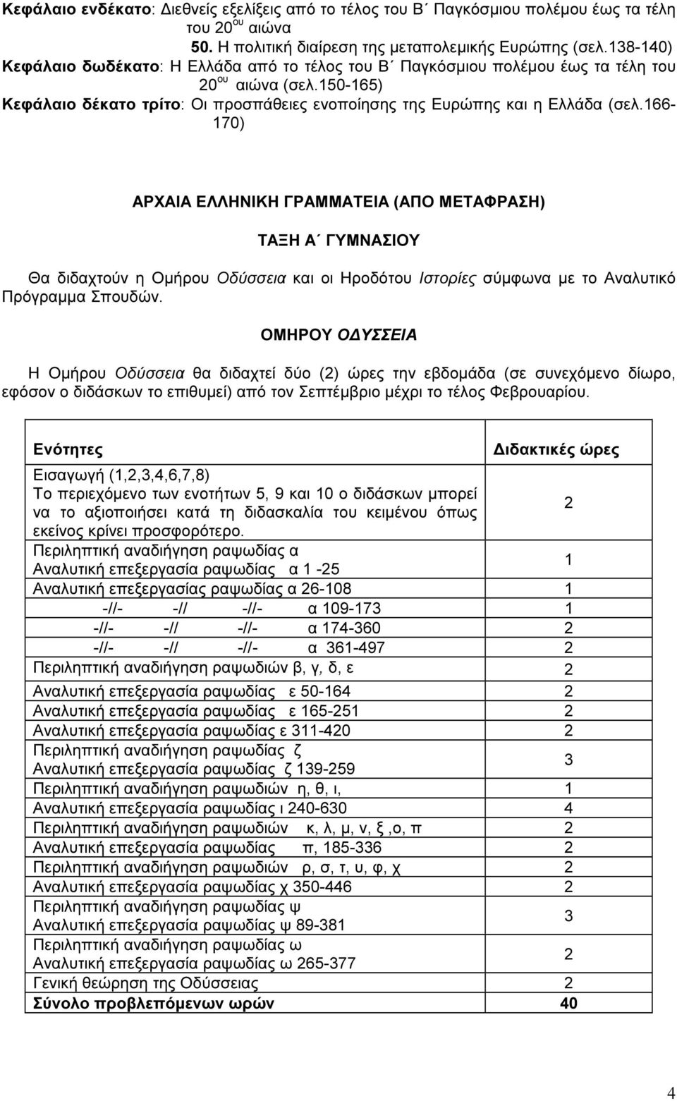 166-170) ΑΡΧΑΙΑ ΕΛΛΗΝΙΚΗ ΓΡΑΜMΑΤΕΙΑ (ΑΠΟ ΜΕΤΑΦΡΑΣΗ) ΤΑΞΗ Α ΓΥΜΝΑΣΙΟΥ Θα διδαχτούν η Οµήρου Οδύσσεια και οι Ηροδότου Ιστορίες σύµφωνα µε το Αναλυτικό Πρόγραµµα Σπουδών.