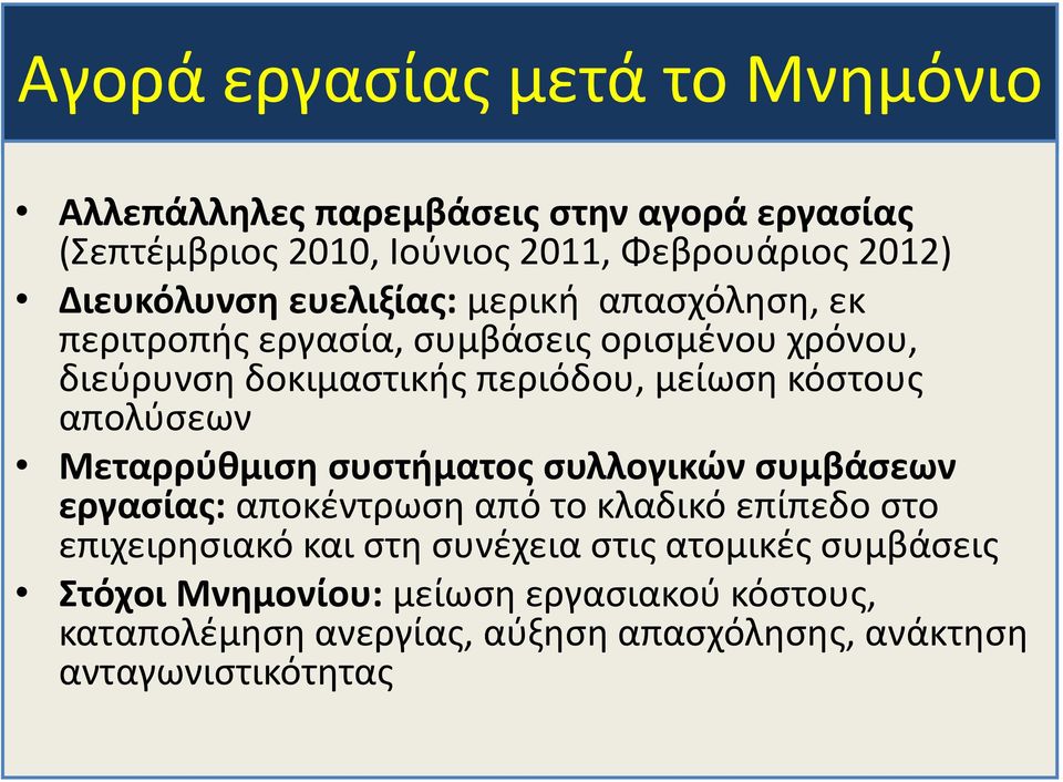 κόστους απολύσεων Μεταρρύθμιση συστήματος συλλογικών συμβάσεων εργασίας: αποκέντρωση από το κλαδικό επίπεδο στο επιχειρησιακό και στη