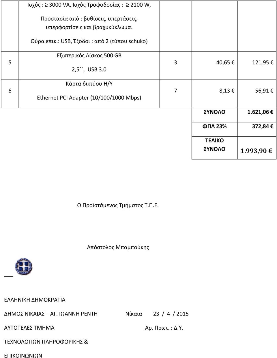 0 Κάρτα δικτύου Η/Υ Ethernet PCI Adapter (10/100/1000 Mbps) 40,65 121,95 7 8,1 56,91 ΣΥΝΟΛΟ 1.621,06 ΦΠΑ 2% 72,84 ΤΕΛΙΚΟ ΣΥΝΟΛΟ 1.