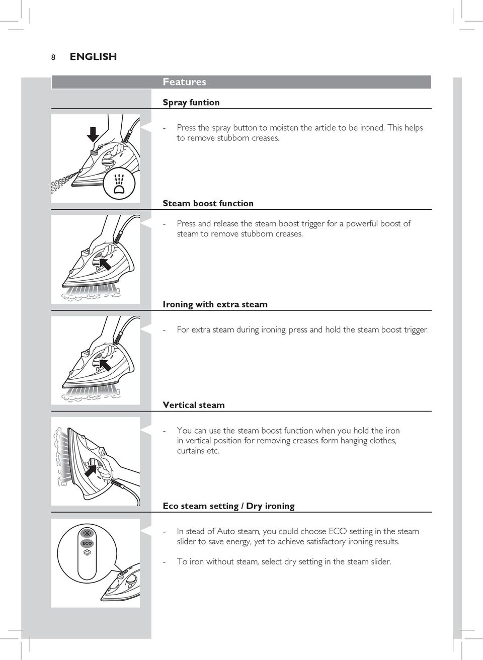 Ironing with extra steam For extra steam during ironing, press and hold the steam boost trigger.