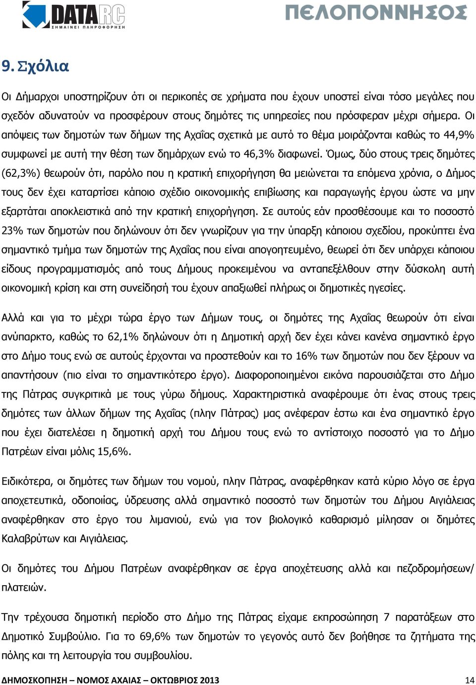 Όμως, δύο στους τρεις δημότες (62,3%) θεωρούν ότι, παρόλο που η κρατική επιχορήγηση θα μειώνεται τα επόμενα χρόνια, ο Δήμος τους δεν έχει καταρτίσει κάποιο σχέδιο οικονομικής επιβίωσης και παραγωγής