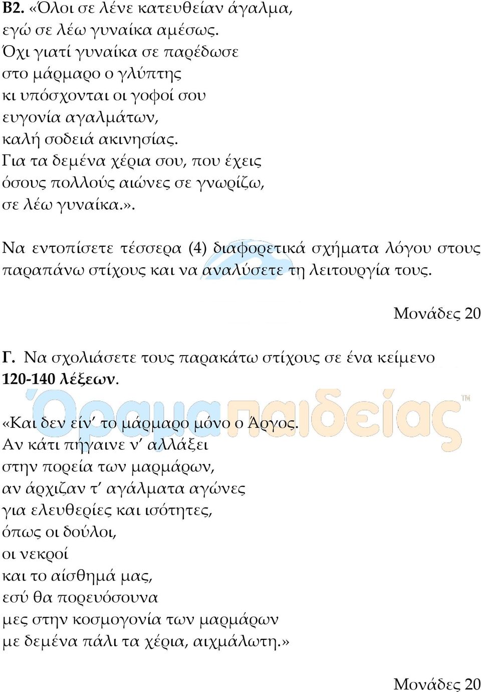 Να εντοπίσετε τέσσερα (4) διαφορετικά σχήματα λόγου στους παραπάνω στίχους και να αναλύσετε τη λειτουργία τους. Γ. Να σχολιάσετε τους παρακάτω στίχους σε ένα κείμενο 120-140 λέξεων.