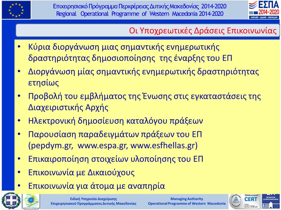 της Διαχειριστικής Αρχής Ηλεκτρονική δημοσίευση καταλόγου πράξεων Παρουσίαση παραδειγμάτων πράξεων του ΕΠ (pepdym.gr, www.