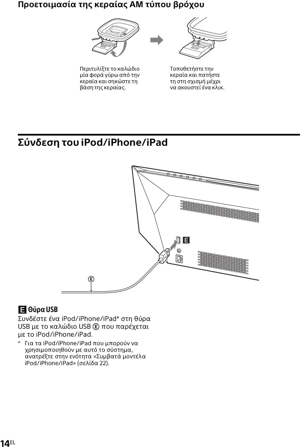 Σύνδεση του ipod/iphone/ipad Θύρα USB Συνδέστε ένα ipod/iphone/ipad* στη θύρα USB με το καλώδιο USB που παρέχεται με το